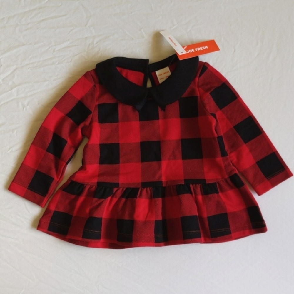 NEW joe fresh buffalo check peter pan collar peplum top 6-12 months baby girl